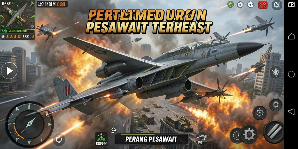 Screenshot menampilkan pertempuran pesawat yang mendebarkan dan grafis memukau.