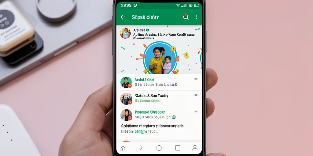 Antarmuka kreatif S9S9 dengan banyak stiker dan status.